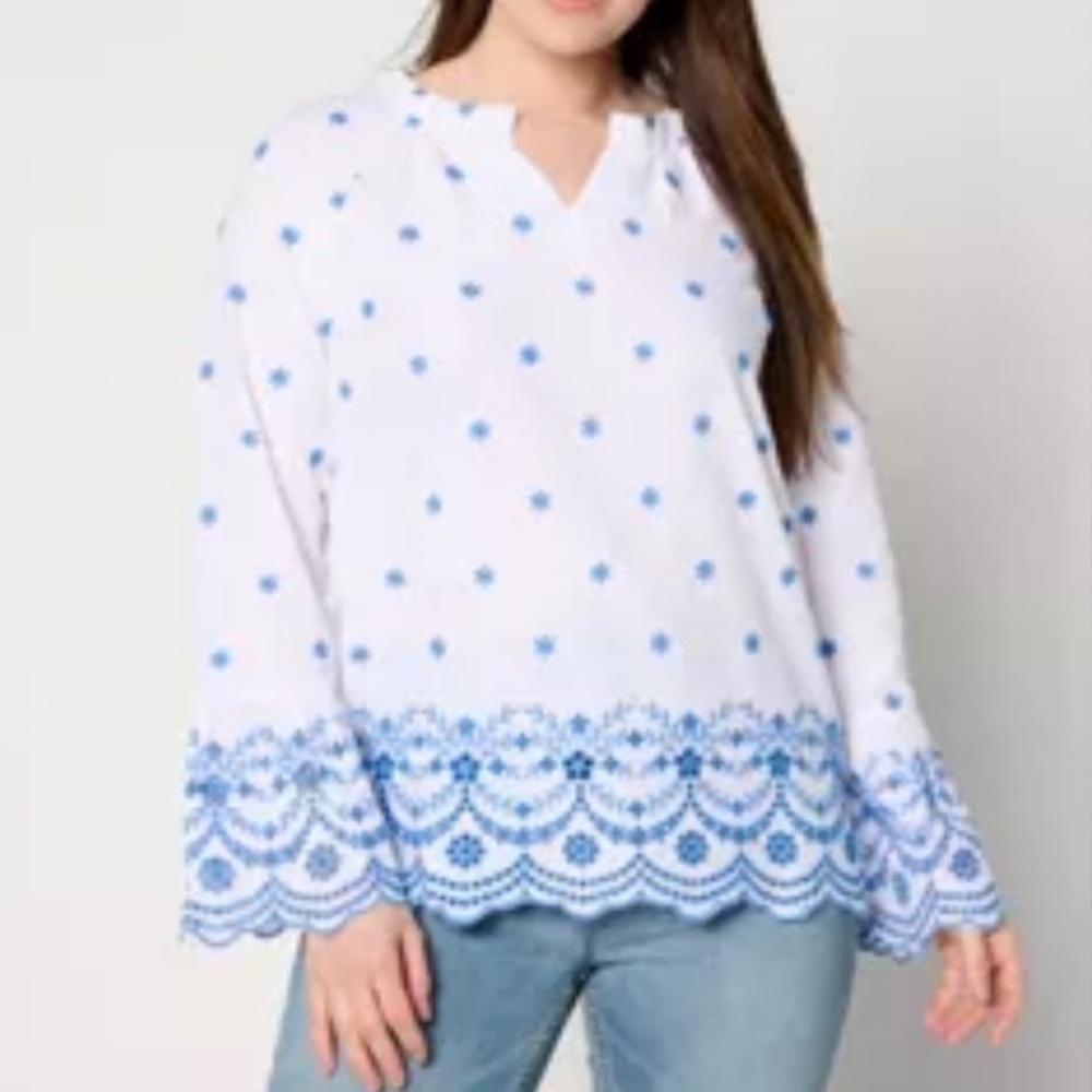 Belle by Kim Gravel Floral Embroidered Eyelet Ruffled Neck Blouse XL
